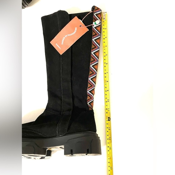 Farm Rio Tall Boot Lug Sole Black Tribal Ribbon MSRP $285 NWOT Sz 7 Vegan Suede - Picture 14 of 14